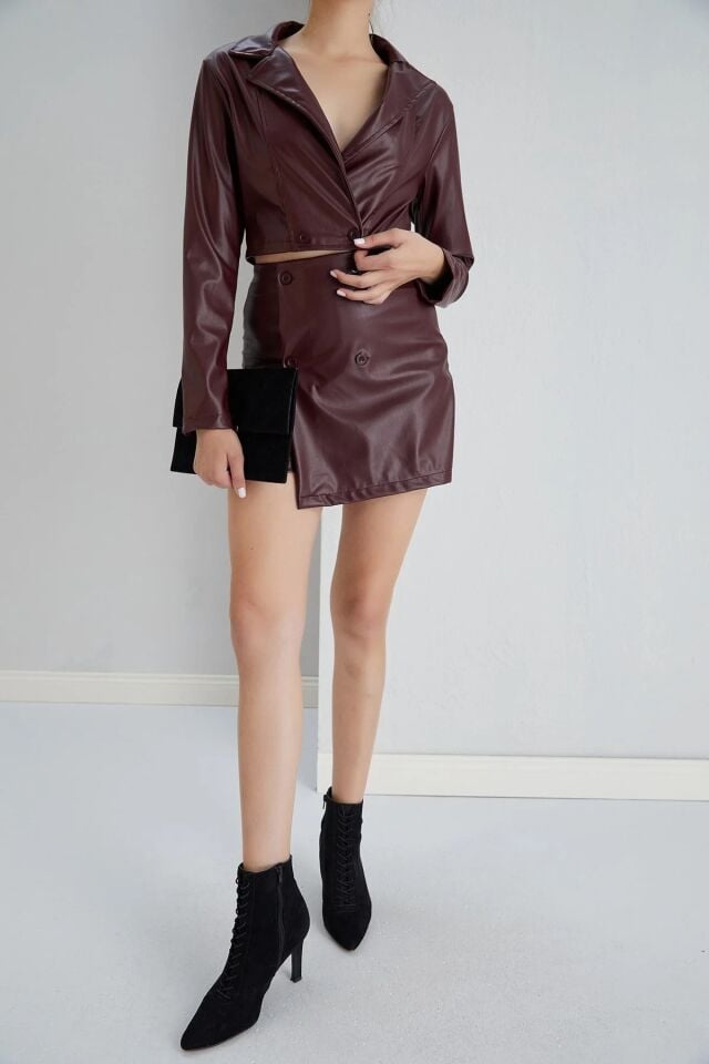 Kadın Suni Deri Şort ve Etek Takım XL - BORDO