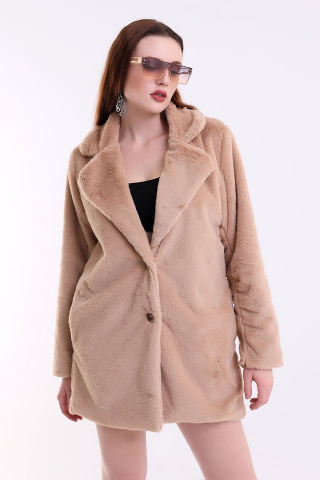 Kadın İçi Astarlı Peluş Ceket Kaban XL - KAHVE