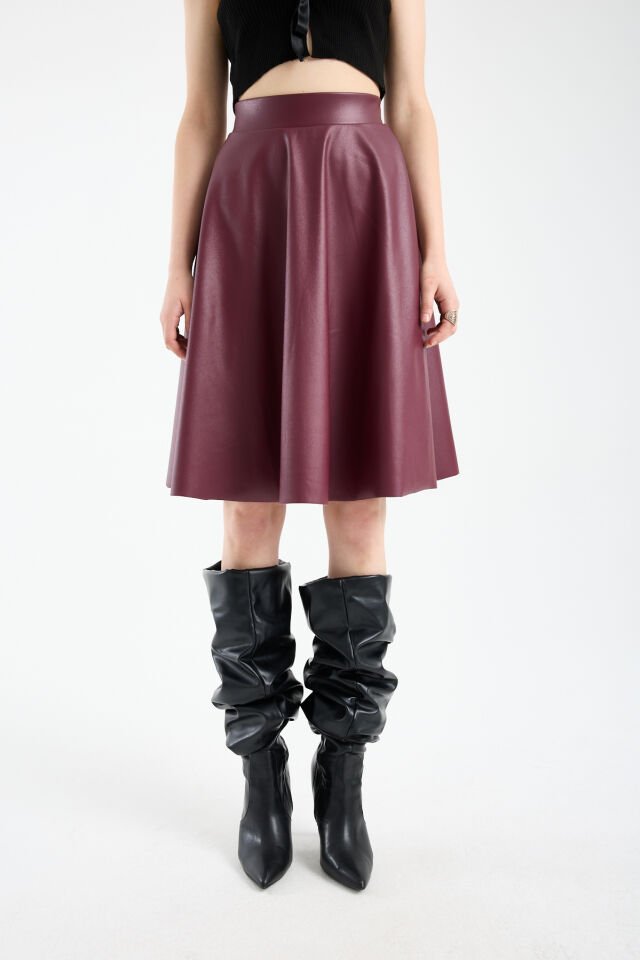 Kadın İçi Kadife Beli Lastikli Suni Deri Diz Boyu Çan Etek 1998 L - BORDO