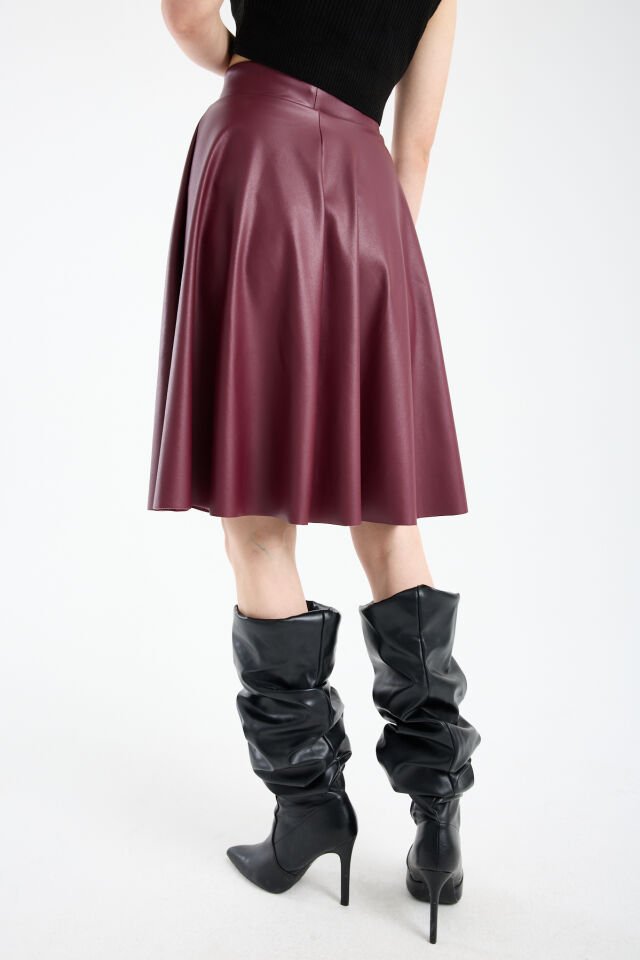 Kadın İçi Kadife Beli Lastikli Suni Deri Diz Boyu Çan Etek 1998 L - BORDO