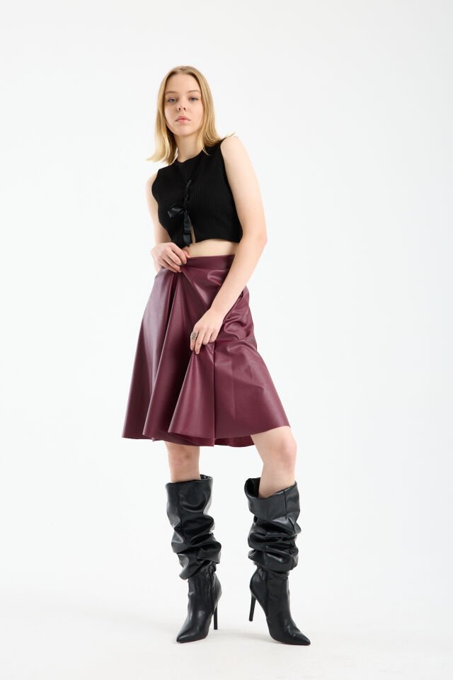 Kadın İçi Kadife Beli Lastikli Suni Deri Diz Boyu Çan Etek 1998 L - BORDO