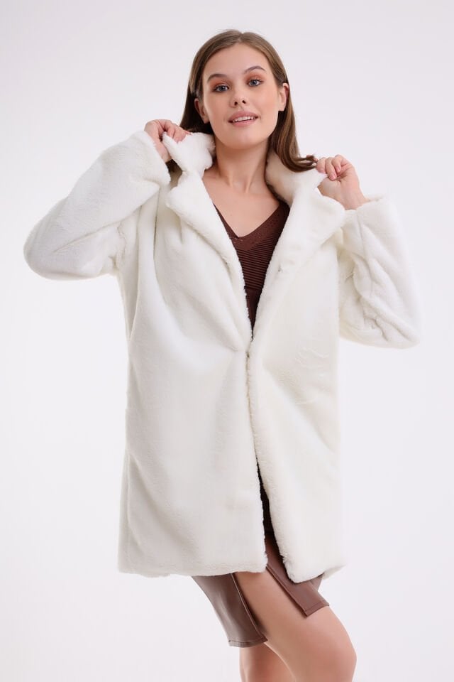 Kadın İçi Astarlı Peluş Ceket Kaban XL - BEYAZ