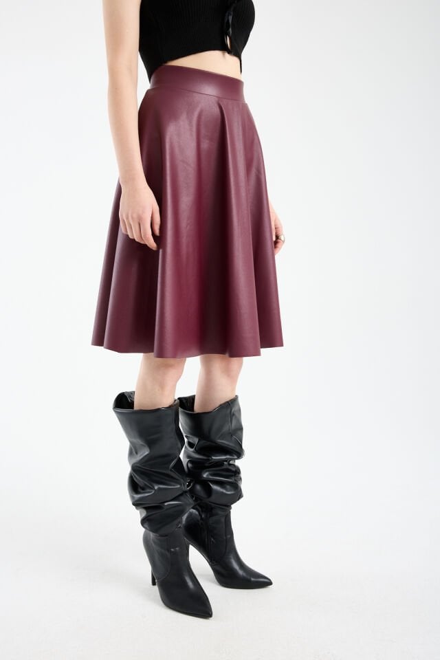 Kadın İçi Kadife Beli Lastikli Suni Deri Diz Boyu Çan Etek XL - BORDO