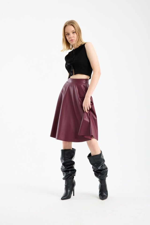 Kadın İçi Kadife Beli Lastikli Suni Deri Diz Boyu Çan Etek XL - BORDO