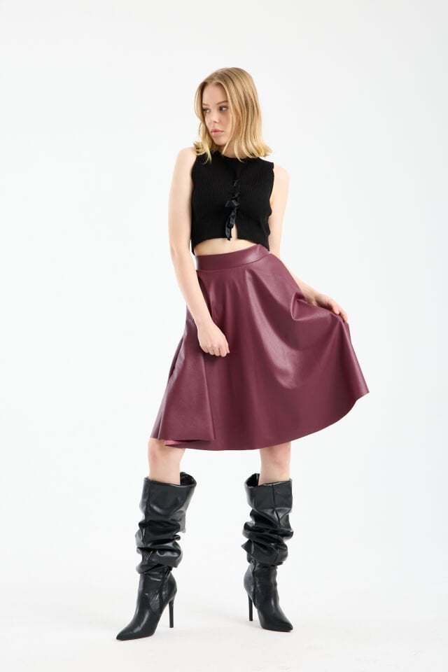 Kadın İçi Kadife Beli Lastikli Suni Deri Diz Boyu Çan Etek XL - BORDO