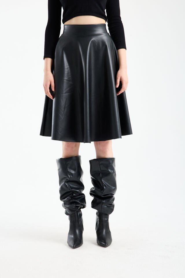 Kadın İçi Kadife Beli Lastikli Suni Deri Diz Boyu Çan Etek 1998 L - SİYAH