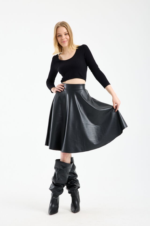 Kadın İçi Kadife Beli Lastikli Suni Deri Diz Boyu Çan Etek 1998 L - SİYAH