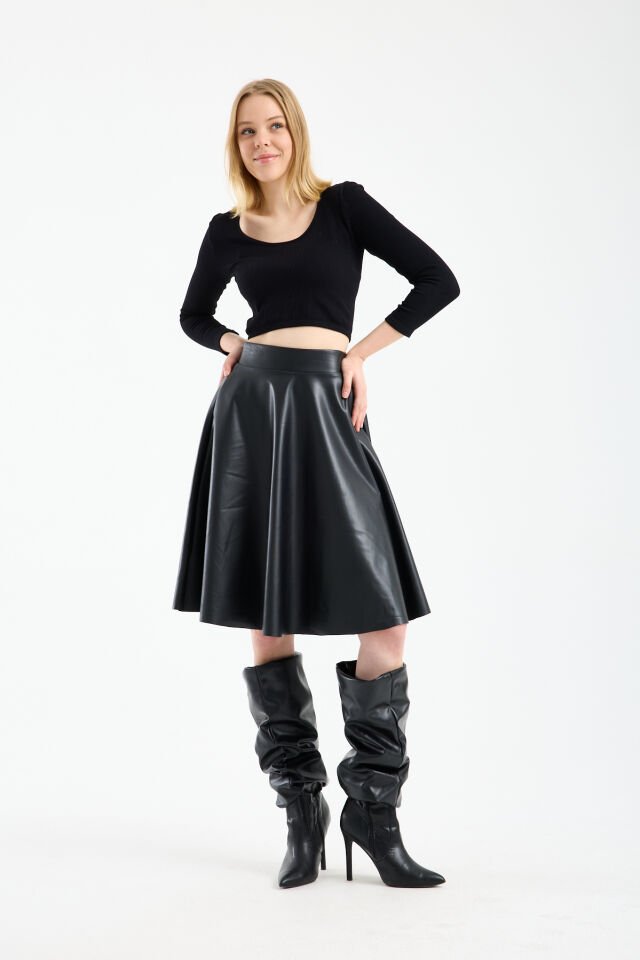 Kadın İçi Kadife Beli Lastikli Suni Deri Diz Boyu Çan Etek 1998 L - SİYAH