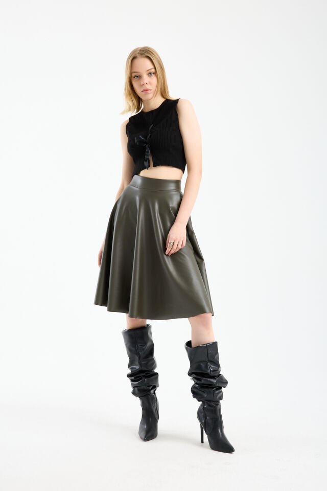 Kadın İçi Kadife Beli Lastikli Suni Deri Diz Boyu Çan Etek L - HAKİ