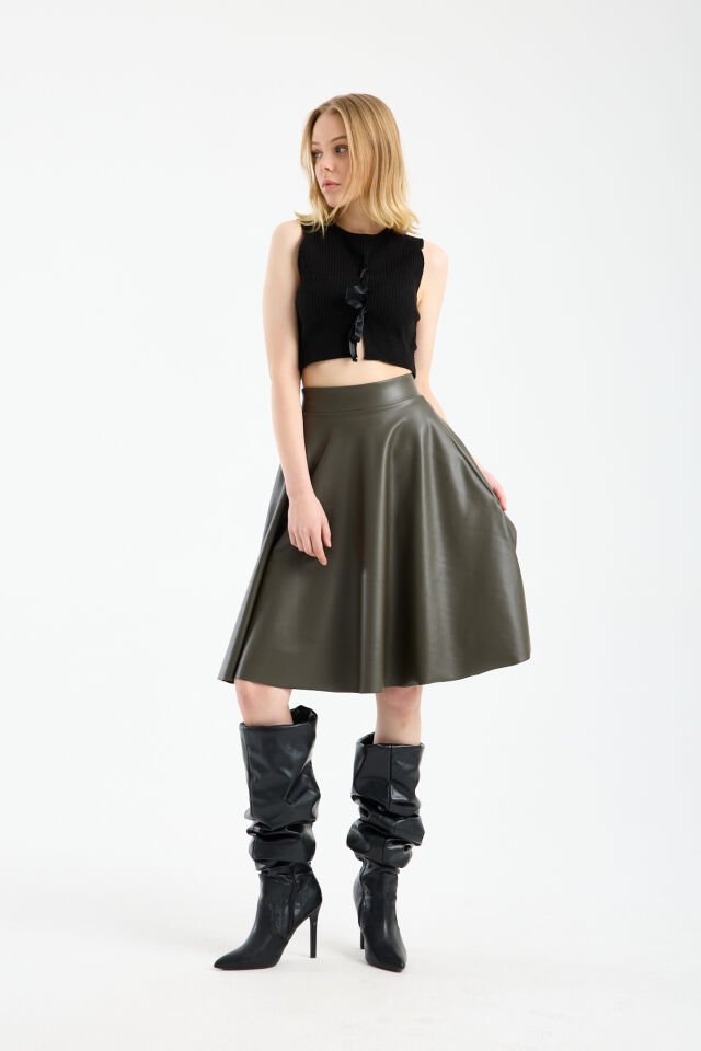 Kadın İçi Kadife Beli Lastikli Suni Deri Diz Boyu Çan Etek L - HAKİ