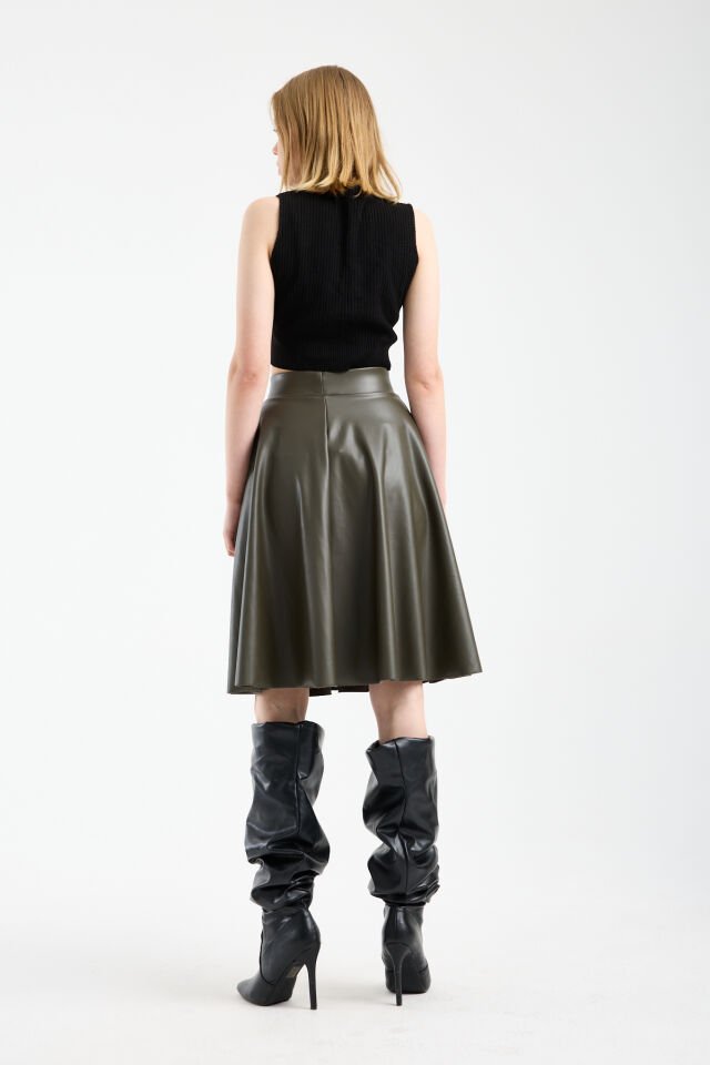 Kadın İçi Kadife Beli Lastikli Suni Deri Diz Boyu Çan Etek L - HAKİ