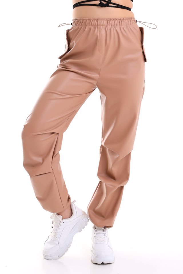 Kadın Paça Lastikli Cep Kapaklı Deri Pantolon L - CAMEL