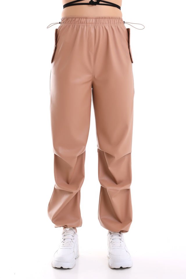 Kadın Paça Lastikli Cep Kapaklı Deri Pantolon L - CAMEL