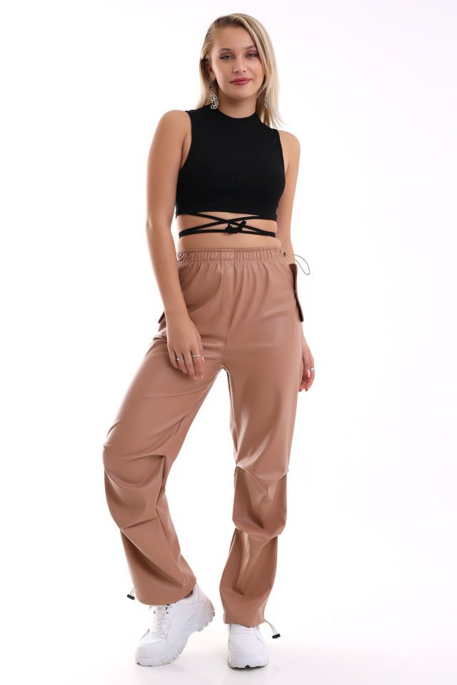 Kadın Paça Lastikli Cep Kapaklı Deri Pantolon L - CAMEL