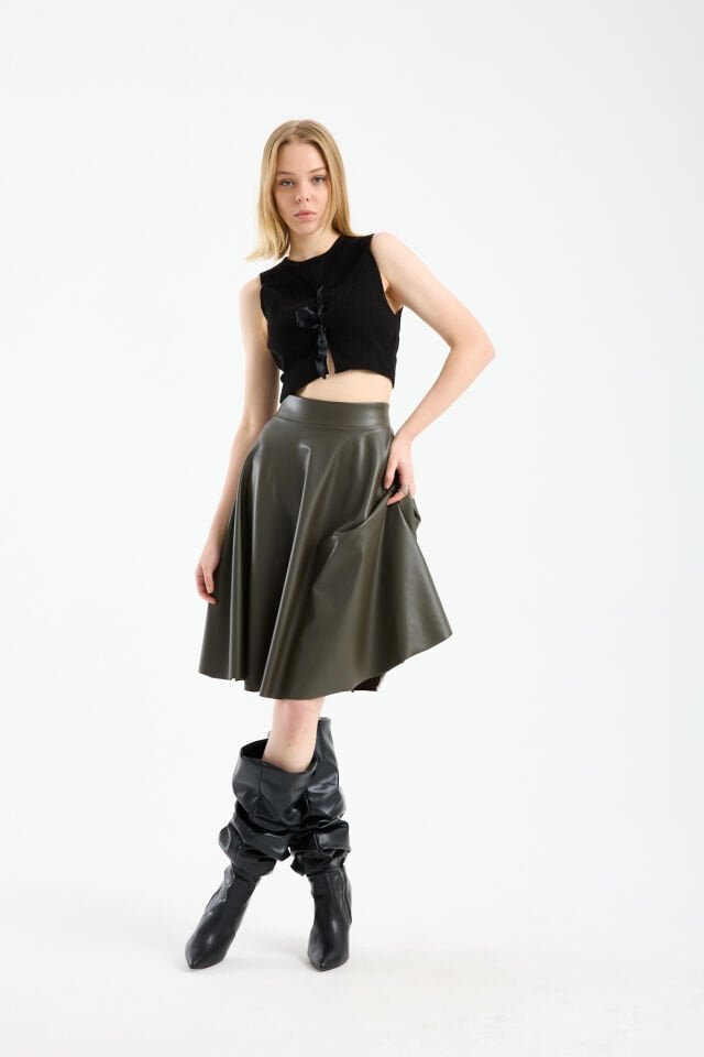 Kadın İçi Kadife Beli Lastikli Suni Deri Diz Boyu Çan Etek XL - HAKİ 