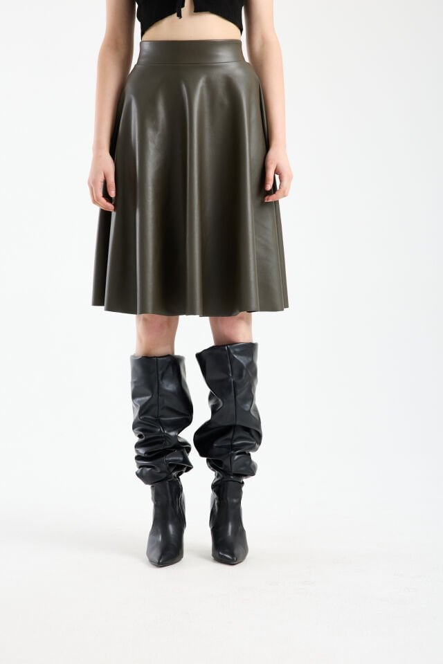 Kadın İçi Kadife Beli Lastikli Suni Deri Diz Boyu Çan Etek XL - HAKİ 