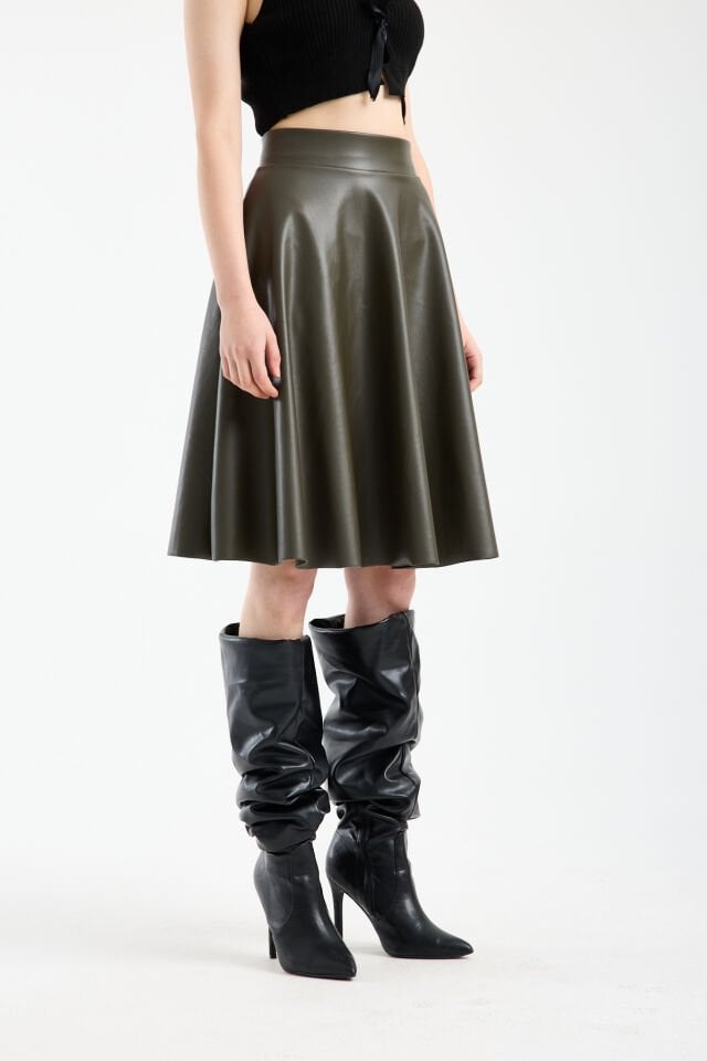 Kadın İçi Kadife Beli Lastikli Suni Deri Diz Boyu Çan Etek XL - HAKİ 