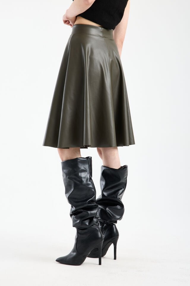 Kadın İçi Kadife Beli Lastikli Suni Deri Diz Boyu Çan Etek XL - HAKİ 