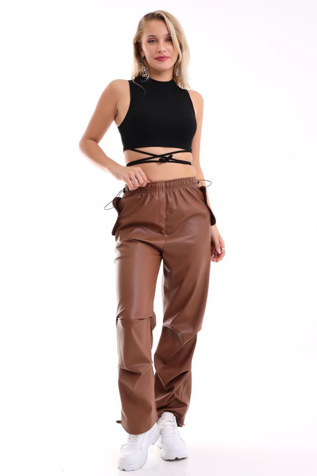 Kadın Paça Lastikli Cep Kapaklı Deri Pantolon M - KAHVERENGİ