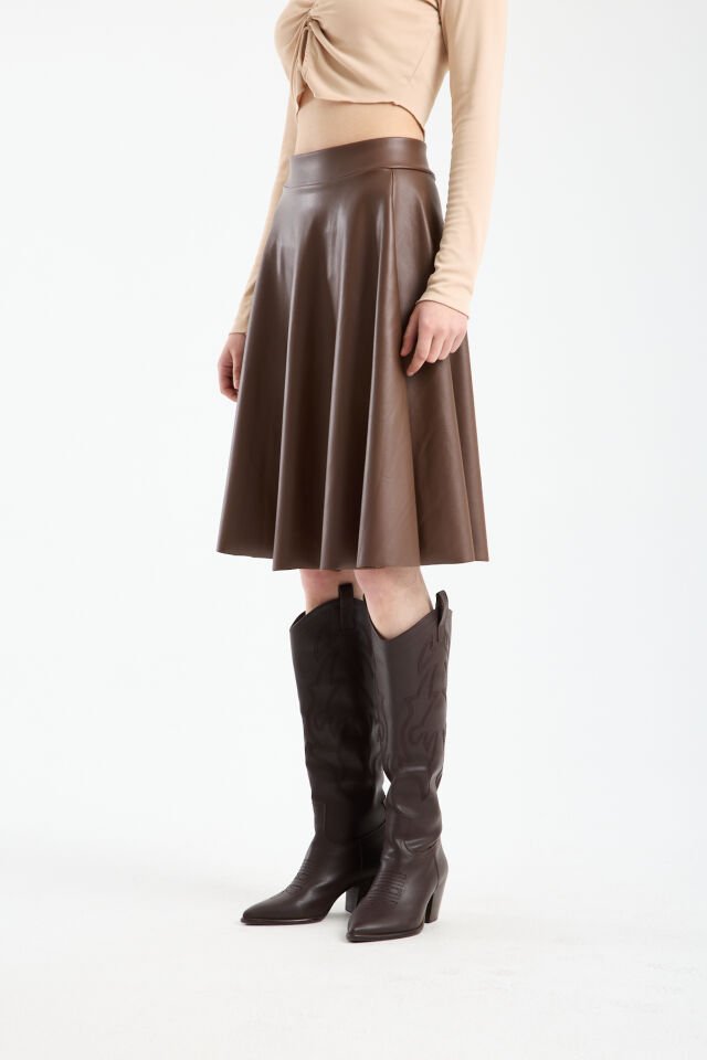 Kadın İçi Kadife Beli Lastikli Suni Deri Diz Boyu Çan Etek 1998 L - KAHVERENGİ