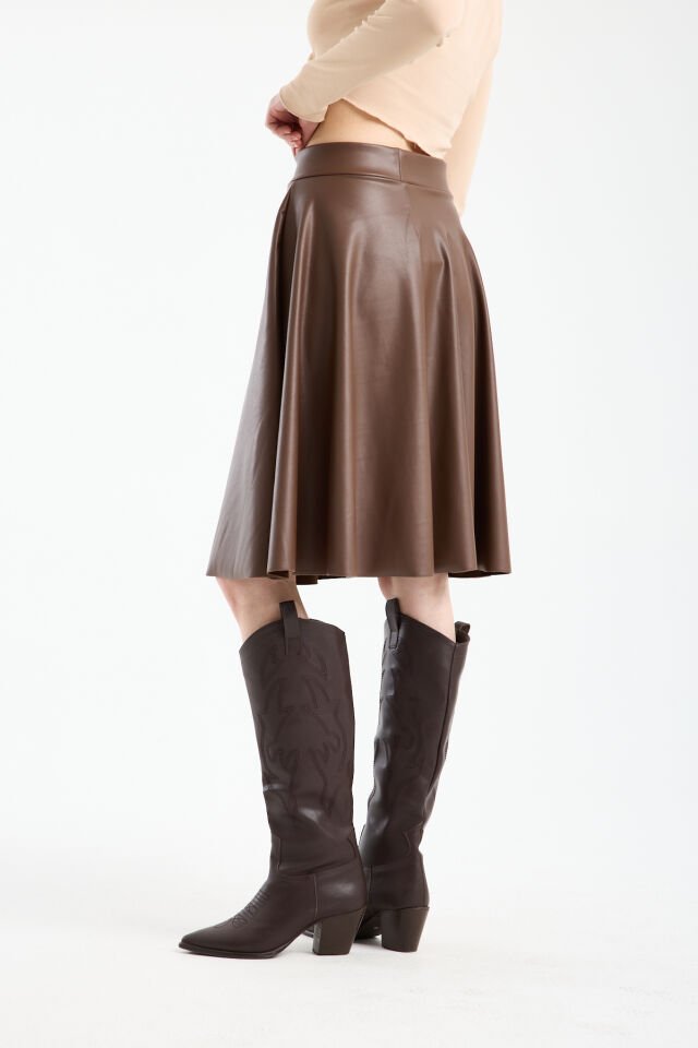 Kadın İçi Kadife Beli Lastikli Suni Deri Diz Boyu Çan Etek 1998 L - KAHVERENGİ